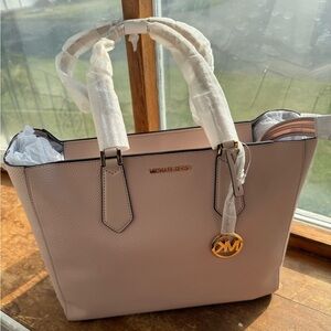Michael Kors Cream Tote Bag with Gold Charm and Saffiano Texture
